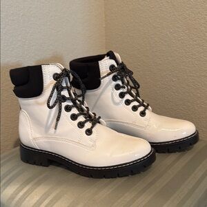 White and Black Combat Moto Boots with Textured Leather and Padded Collar